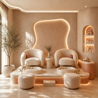 Juego Completo de Equipamiento para Salón de Belleza en Color Crema Cálido con Iluminación LED, Incluye Base y Silla de Estilismo