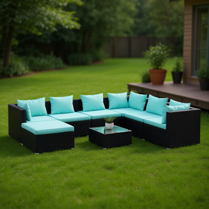 Ensemble de salon de jardin noir et bleu aqua 6 places en rotin, mobilier d'extérieur au design contemporain, résistant aux intempéries - Product Image 2