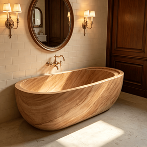 Bañera Ovalada de Piedra Arenisca con Acabado de Madera, Bañera Independiente de Piedra Sólida para Baños de Lujo - Product Image 1