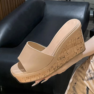 2025 High Quality Waterproof Outdoor Wooden Slope Heel Slippers High Heel Wedge Square Head Breathable Women's <b>Shoes</b> Jelly <b>Shoe</b> - Product Image 1