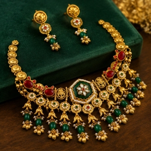 Elegant 925 <b>Silver</b> Temple Necklace and Earrings Set with Green Red Stones Traditional Indian Bridal Jewelry for Women - Product Image 4