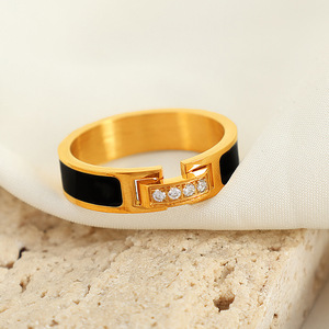 Gold Plated <b>Titanium</b> Steel <b>Ring</b> With Black Inlay And Diamond Accents Geometric Design Unisex Fashion Jewelry Gift - Product Image 1