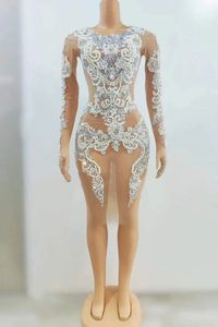 Voir à travers maille femmes Mini robe à manches longues strass perle scène chanteur porter fête d'anniversaire soirée reine tenue DJ DS <span class=keywords><strong>Gogo</strong></span> - Product Image 2