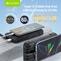 BAVIN Powerbank à charge rapide en gros PC1118 20000mah 22.5w avec lumière LED, chargeur solaire à panneaux 15W et câble de charge