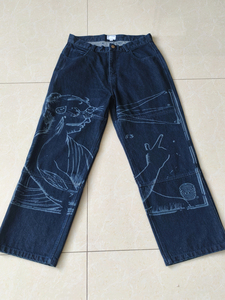 Jean en denim pour homme à double genouillère, coupe ample, en coton épais, indigo délavé, imprimé graphique, style décontracté, artisanal, sur mesure, OEM - Product Image 4