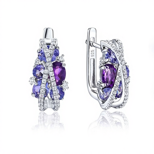 Pendientes de Plata 925 con Incrustaciones de Tanzanita, Amatista y Zafiro Blanco Sintético de la Serie Counterattack - Product Image 1