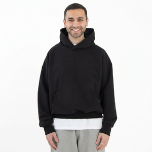 Custom logo streetwear thick pullover <b>black</b> hoddies no <b>string</b> 100%Cotton 420gsm 500gsm Heavyweight Oversized Men Cropped Hoodies - Product Image 1