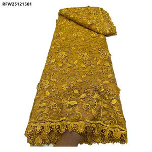 Tessuto in Pizzo <span class=keywords><strong>Guipure</strong></span> Bianco da Sposa all'Ingrosso, Tessuto in Pizzo a Rete 3D Nigeriano con Ricamo Floreale e Pietre - Product Image 2