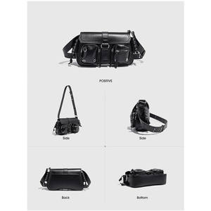 High Quality Fashion <b>Black</b> Motorcycle Crossbody Shoulder <b>Bag</b> Women Single <b>Strap</b> Zippered Multi-Flap Pockets Waterproof PU - Product Image 4