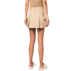Casual <b>Skirts</b> Women Brown Twill Cotton Zip Fly Pleated Cargo Mini <b>Skirt</b> With Side Pockets - Product Image 3