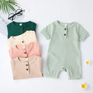 Summer Unisex Newborn Baby Clothing Ribbed Solid Color Rompers Cotton Knitted Short Sleeve Toddler Jumpsuit Infant Clothes