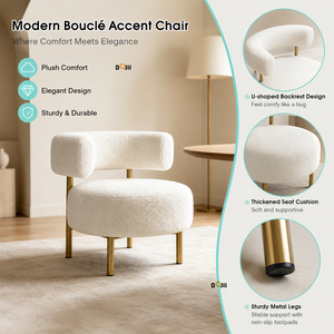 Fauteuil <span class=keywords><strong>d</strong></span>'appoint Sherpa Boucle, fauteuil rond rembourré, fauteuil <span class=keywords><strong>d</strong></span>'angle moelleux avec acier inoxydable brossé laqué laiton - Product Image 1