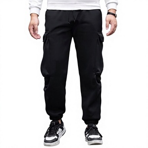 Pantalon de survêtement cargo en molleton noir pour homme, taille élastique, coupe ample, couleur unie avec poches, toutes saisons, vêtements décontractés pour l'extérieur - Product Image 1