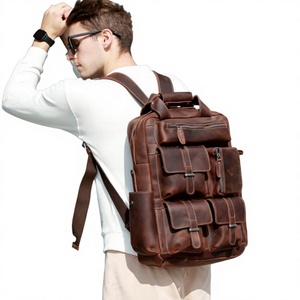 Men Genuine Leather <b>Backpack</b> Adjustable <b>Strap</b> Zipper Hasp Closure Durable Casual Daily Use 30-40L Solid Color - Product Image 1