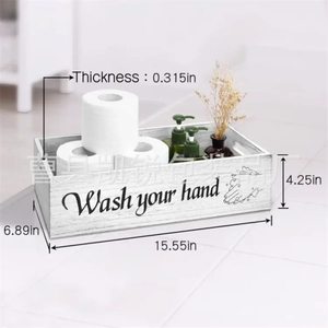 Boîte à mouchoirs en bois rectangulaire pour salle de bain, porte-papier toilette avec impression « Lavez-vous les mains », pour rangement sur comptoir - Product Image 4