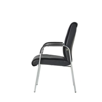 Chaise de visiteur en PU noir avec accoudoirs rembourrés et base chromée, chaise de bureau fixe pour conférence, vente en gros d'usine, approvisionnement en vrac