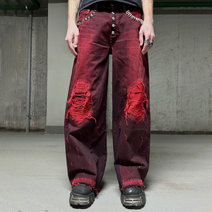 Jeans amples délavés vintage avec logo de marque personnalisé, <span class=keywords><strong>pantalon</strong></span> en denim pour <span class=keywords><strong>homme</strong></span>, rivets, effet usé, bordeaux, coupe <span class=keywords><strong>baggy</strong></span> - Product Image 2