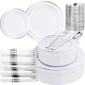 Assiettes de fête élégantes <span class=keywords><strong>en</strong></span> plastique avec couverts dorés et gobelets transparents – Ensemble de vaisselle jetable pour mariage, anniversaire, fête prénuptiale - Product Image 5