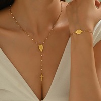 Ensemble de bijoux populaires pour filles, collier et bracelet avec pendentif mini croix délicat, chaîne à maillons en O, acier inoxydable pour un usage quotidien TGXL14717