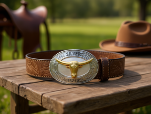 Cinturón de Cuero Vacuno con Hebilla Grande Plateada, Diseño de Toro en 3D, Estilo Occidental - Product Image 2