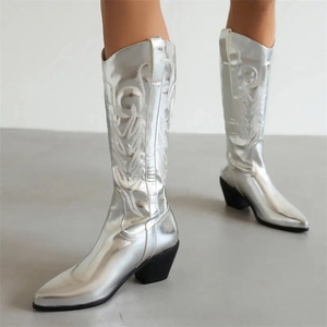 Custom Women <strong>Sparkly</strong> Cowboy Metallic Shoes Glossy Shiny Silver Leather Square Heeled Low Heel Mid Calf Women Western <strong>Boots</strong> - Product Image 4