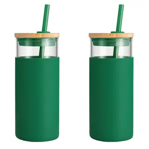 亚马逊独家2021自有品牌竹盖玻璃水瓶带硅胶套不倒翁杯带吸管480毫升