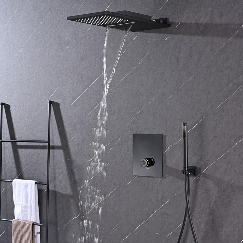 Ceiling Rainfall Waterfall Big Head Shower System Brass Luxury Black Bathroom Thermostatic Digital Shower Set System
