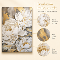 Peinture murale sur toile de pivoine florale en or blanc opulent, idéale pour l'entrée, le salon ou la décoration d'hôtel de luxe