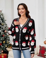 Pull cardigan imprimé Père Noël pour femmes européennes et américaines, automne, nouveau, simple, décontracté, tricoté pour Noël