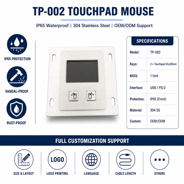 TP-002 Custom IP65 Waterproof Industrial Stainless Steel Touchpad Mouse 2 Keys USB PS/2 for CNC Machine Kiosk