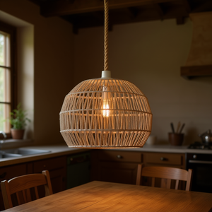 Lustre suspendu réglable en rotin, forme cage, grand modèle, style ferme, avec fixation par corde, corps blanc - Product Image 2