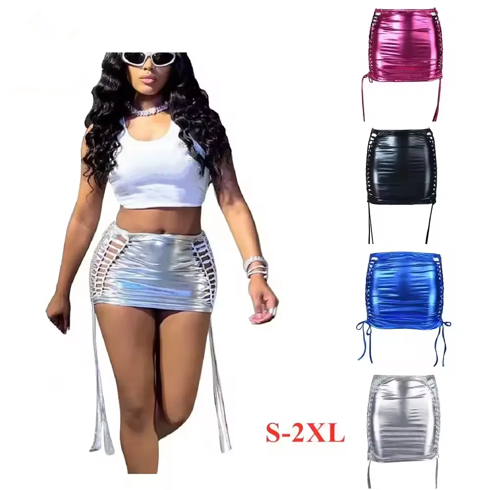 Hot Selling 2024 Summer Ladies Shiny Pu Leather Mini Skirt Solid Color Hollow Out Tassel Lace-Up Stretchy Sexy Skirt For Women