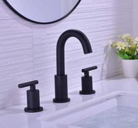 Keran Wastafel dan Bak Cuci Kamar Mandi dengan Katup Keramik Termostatik 3 Lubang, Gagang Ganda, Warna Hitam Matte, Pemasangan di Atas Meja, Dilengkapi Saluran Pembuangan Pop-Up