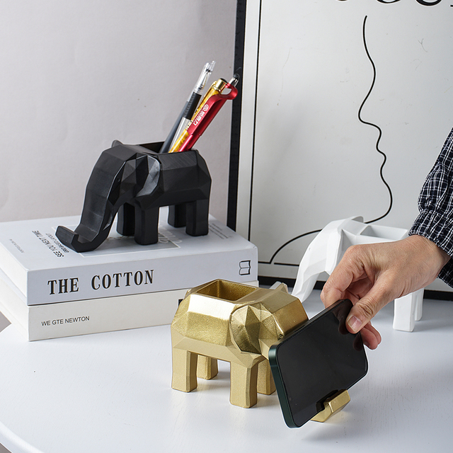 Wholesale Geometric Elephant Phone Stand with Pen Holder 2-in-1 Resin Desk Organizer Custom OEM Modern Home Office Gift