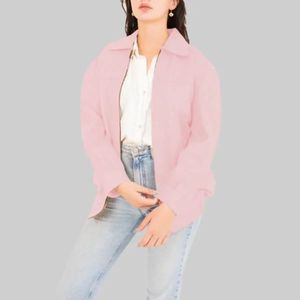 แจ็คเก็ตบอมเบอร์หนังแท้สีชมพูสำหรับผู้หญิง ทรงโอเวอร์ไซส์ ปิดด้วยซิป เคลือบผิวทันสมัย ทรงหลวม สไตล์สตรีทแวร์ - Product Image 1