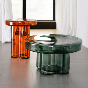 Diseño de flores Mesa auxiliar de cristal verde ámbar Mesa de comedor Terraza Balcón Muebles 55cm 38cm Combo de mesa de centro de café verde ámbar - Product Image 3