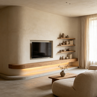 Armoire de chambre moderne sans poignée en chêne massif sur mesure avec mur courbé, niche LED, OEM ODM