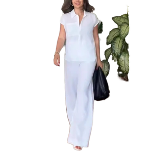 Moda estiva Casual da <span class=keywords><strong>donna</strong></span> in cotone e <span class=keywords><strong>lino</strong></span> due pezzi traspirante a mezza camicia a maniche corte <span class=keywords><strong>pantaloni</strong></span> larghi in Chiffon tinta unita XXS XL - Product Image 1