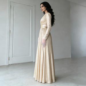 Robes pour femmes, or, col en V profond, manches longues, plissées, ceinture à nouer, élégantes, formelles, longues - Product Image 2