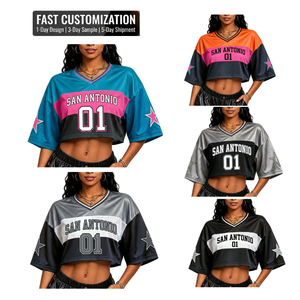 <span class=keywords><strong>Maillot</strong></span> de sport personnalisé des <span class=keywords><strong>San</strong></span> <span class=keywords><strong>Antonio</strong></span> <span class=keywords><strong>Spurs</strong></span> pour femme, coupe ample et oversize, épaules tombantes, en maille, style crop top, pour fêtes et événements, faible MOQ - Product Image 1