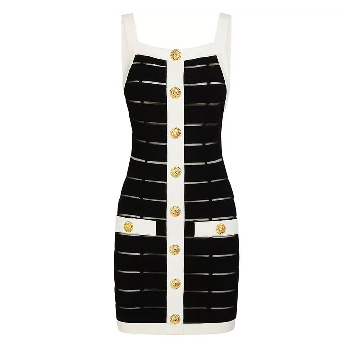 New Spring/Summer Women's Black and White Splicing Sleeveless Gold Button  Knitted Sexy Tight Mini Dress| Alibaba.com