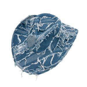 Chapeau <span class=keywords><strong>de</strong></span> cowboy vintage américain délavé à bords effilochés, chapeau en denim unisexe à large bord avec décoration en pompon pour le style <span class=keywords><strong>de</strong></span> rue en plein air - Product Image 5