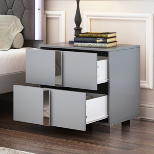 Elegant Nightstand With Metal Foot <b>Mirrored</b> <b>Bedside</b> <b>Table</b> 2 Drawers Gray For Bedroom Living Room - Product Image 2