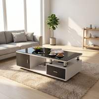 Ensemble de table basse moderne de luxe en MDF avec plateau en verre trempé, tiroir de rangement et armoire latérale pour le mobilier de salon