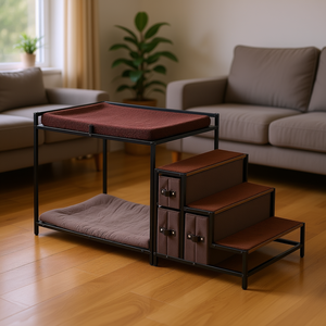Lit superposé pour animaux de compagnie, taille moyenne, métal noir, bois brun, avec escalier et rangement pour chiens et chats - Product Image 2