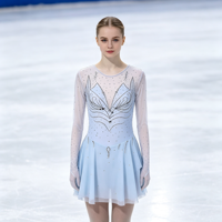 Robe de patinage artistique bleu clair pour enfants et adultes, en maille à manches longues avec strass, pour compétition et spectacle de patinage sur glace