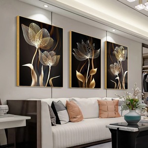 3 Panneaux Décoration de Salon <span class=keywords><strong>Botanique</strong></span> de Luxe Feuille d'Or <span class=keywords><strong>Fleurs</strong></span> Poster Print Floral Wall Art Painting With Frame - Product Image 2