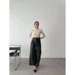 Leather Wide Leg Pants High Waist <b>Black</b> Pu <b>Fabric</b> Women's Trousers - Product Image 4