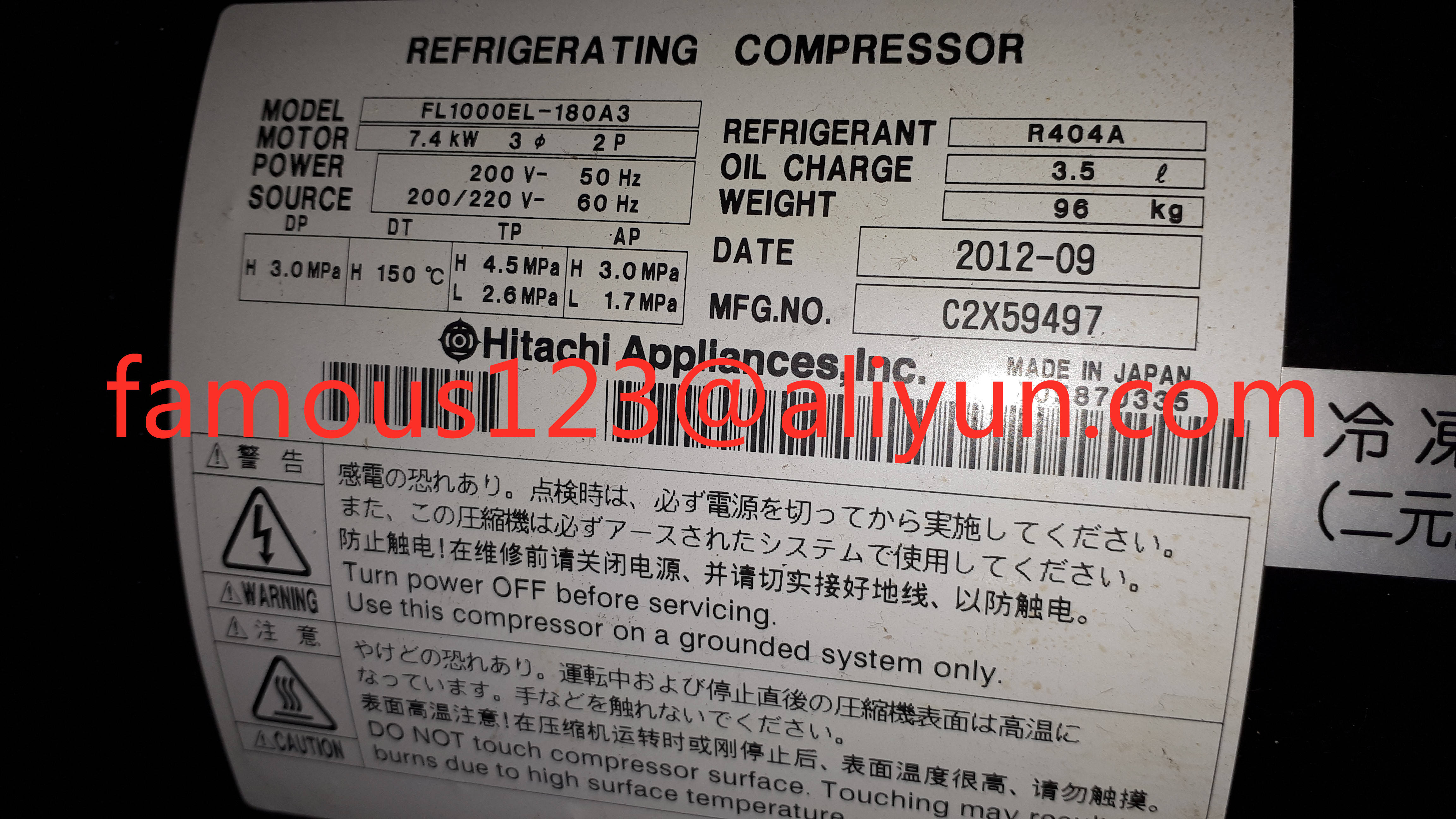 水平タイプR404a HitachiスクロールコンプレッサーFL1000EL-180A3