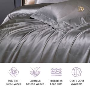 Set Biancheria da Letto in <span class=keywords><strong>Seta</strong></span> Jacquard 4 Pezzi: Copripiumino, Lenzuolo e 2 Federe - Morbido e Traspirante, Blu Argento, Queen/King - Produzione di Fabbrica - Product Image 3